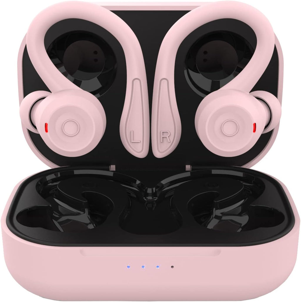 Pink over Ear Wireless Earbuds with Earhooks Running Bluetooth Earbuds with Ear Hook Waterproof Small Earphones in Ear Headphones Noise Cancelling Headset Android Ear Buds for Workout Sport Gym