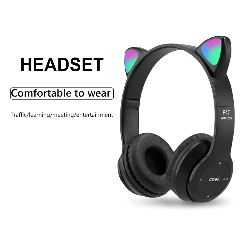 Wireless Headphones Cat Ear Bluetooth-Compatible Helmets Stereo Bass Over-Ear Headsets Sports Headphones for Kids and Adult