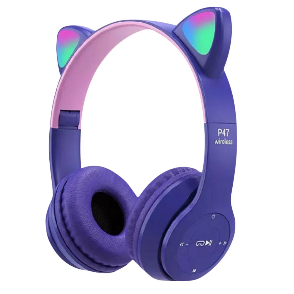 Wireless Headphones Cat Ear Bluetooth-Compatible Helmets Stereo Bass Over-Ear Headsets Sports Headphones for Kids and Adult