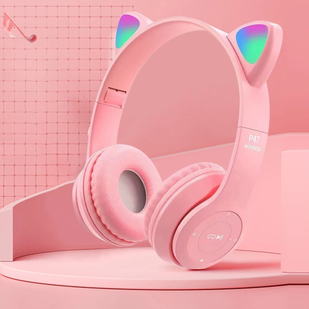 Wireless Headphones Cat Ear Bluetooth-Compatible Helmets Stereo Bass Over-Ear Headsets Sports Headphones for Kids and Adult