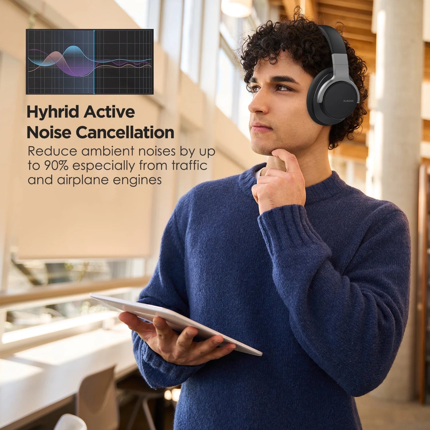 E7 Active Noise Cancelling Headphones, Wireless over Ear Bluetooth 5.0 Headsets with Mic, Black