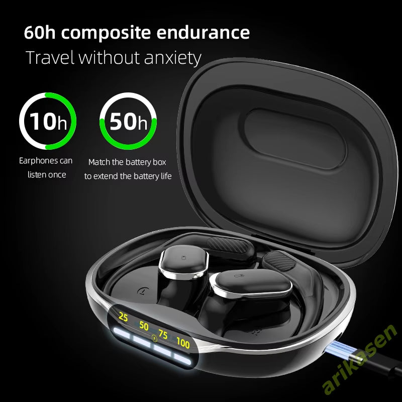Wireless Headphones Open Ear Earbuds Bluetooth 5.4 Earphones with 60 Hrs Playtime HD Stereo Deep Bass Earhooks Headest for Sport