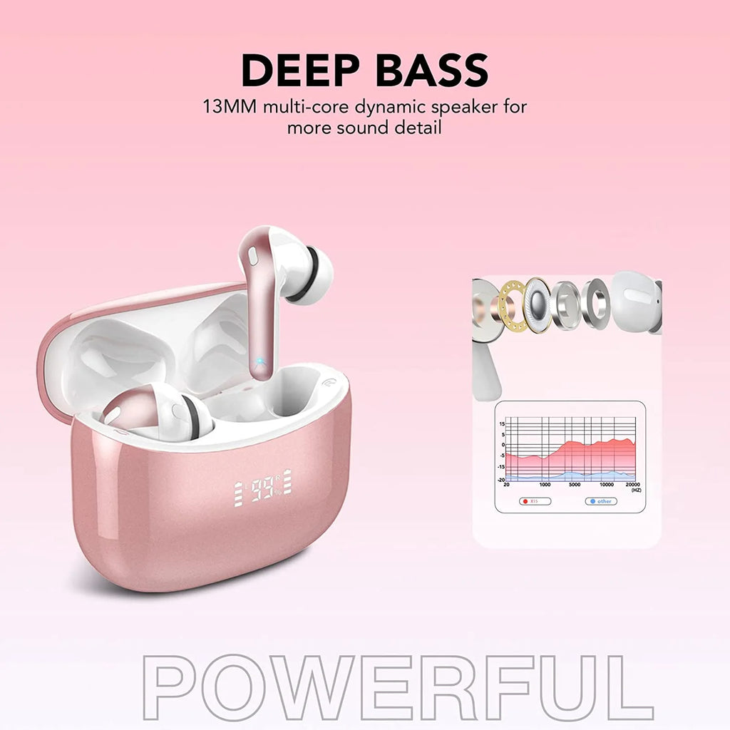VEATOOL X15 Wireless Earbuds Bluetooth 5.3 Headphones,72H Hi-Fi Stereo Deep Bass Earphones with Noise Cancelling Mic IP7 Waterproof Sport Headset with LED Power Display for Laptop Pad Phones