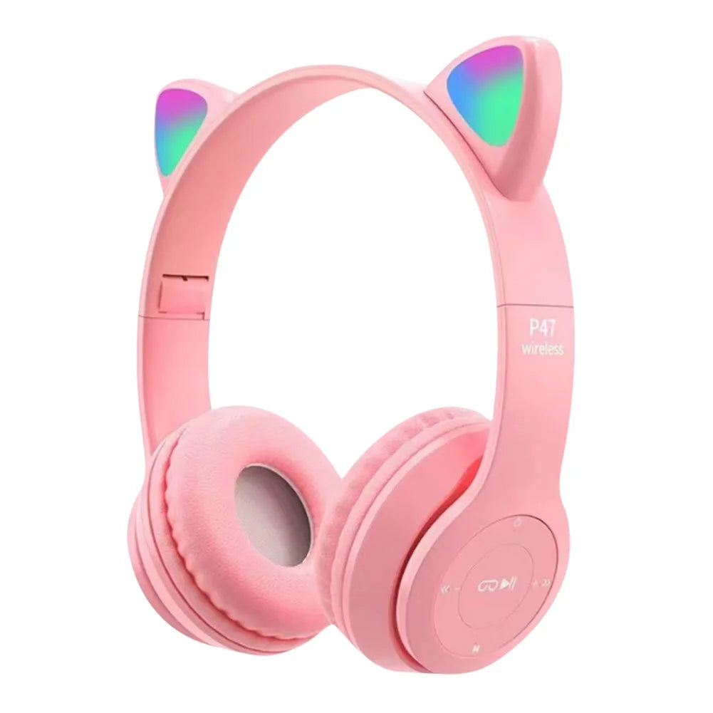 Wireless Headphones Cat Ear Bluetooth-Compatible Helmets Stereo Bass Over-Ear Headsets Sports Headphones for Kids and Adult