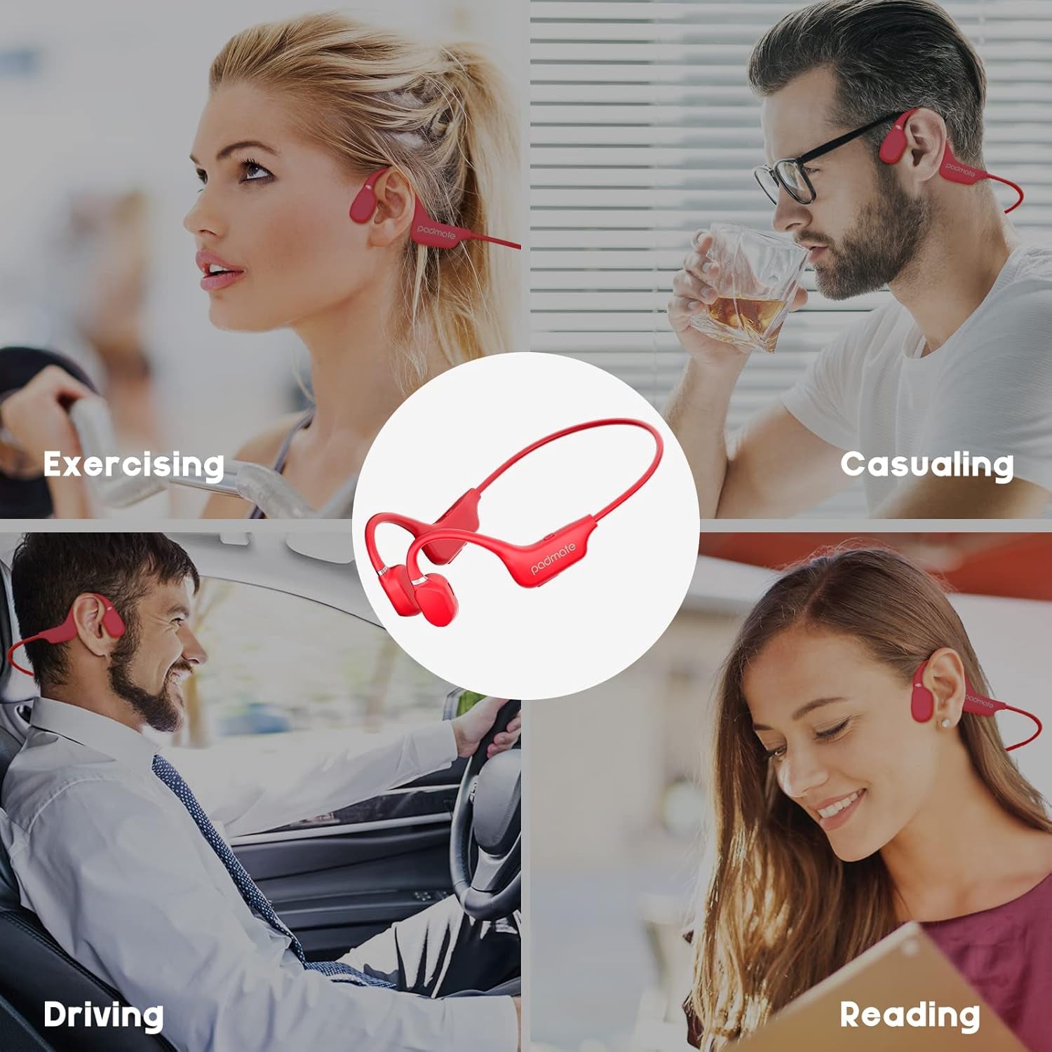Open-Ear Air Conduction Headphones Bluetooth Wireless Earbuds with Mic, Sport Headset Bluetooth 5.0 Wireless Earphones for Workouts, Foldable/Lightweight/8Hr Playtime/Ip67 Waterproof (Red)