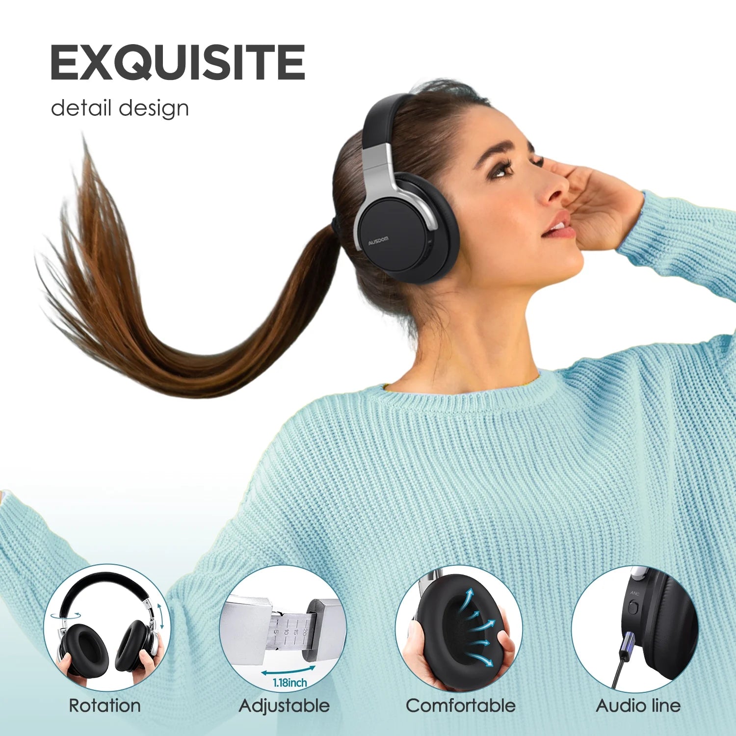 E7 Active Noise Cancelling Headphones, Wireless over Ear Bluetooth 5.0 Headsets with Mic, Black