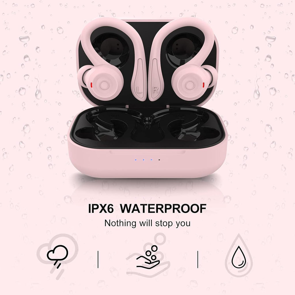 Pink over Ear Wireless Earbuds with Earhooks Running Bluetooth Earbuds with Ear Hook Waterproof Small Earphones in Ear Headphones Noise Cancelling Headset Android Ear Buds for Workout Sport Gym