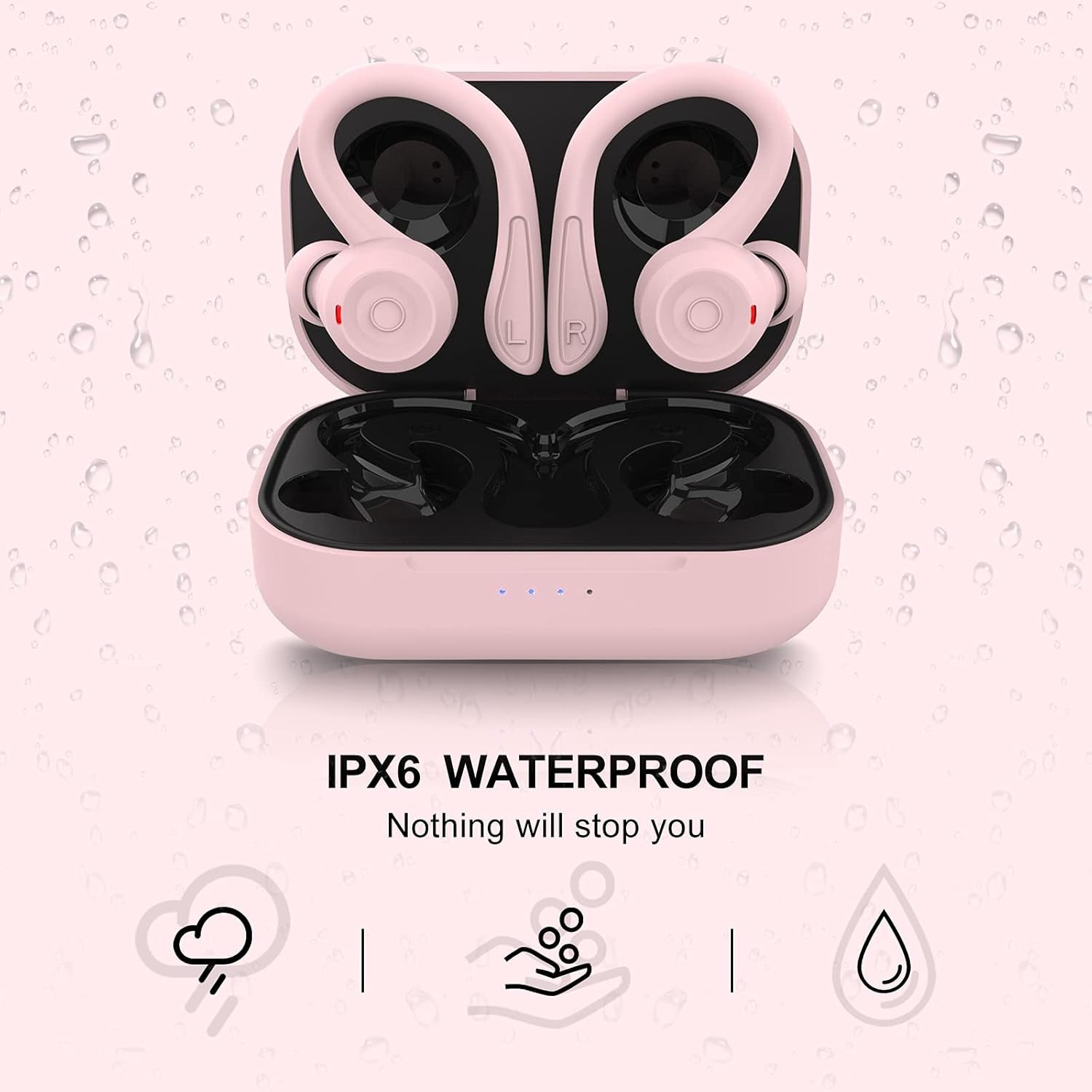 Pink over Ear Wireless Earbuds with Earhooks Running Bluetooth Earbuds with Ear Hook Waterproof Small Earphones in Ear Headphones Noise Cancelling Headset Android Ear Buds for Workout Sport Gym